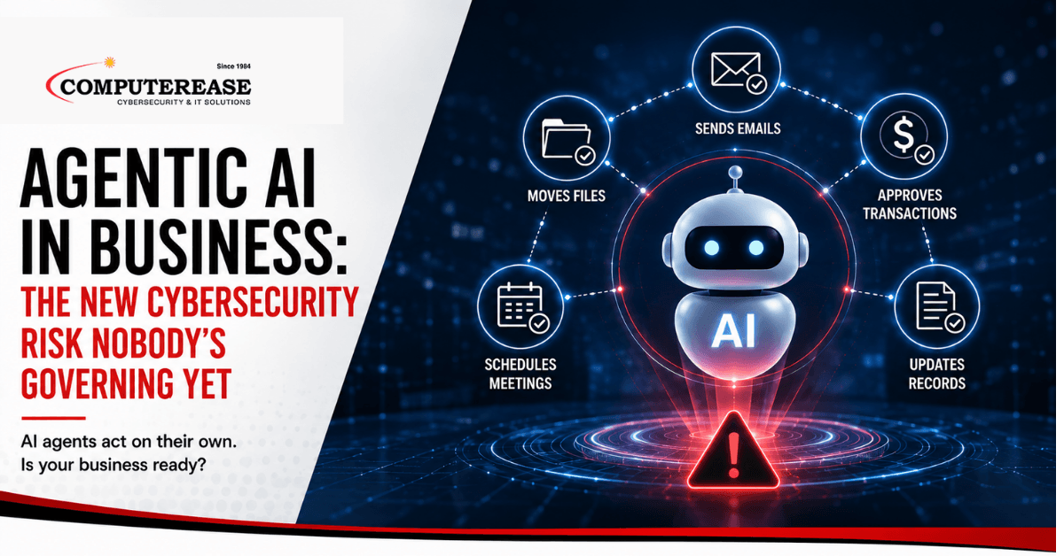 AI agent taking autonomous actions across email, files, meetings, transactions, and business records, highlighting emerging cybersecurity risks.