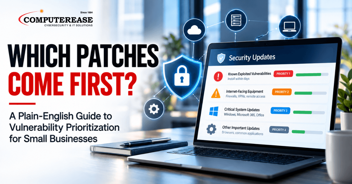 Which patches come first for small businesses, showing a security updates dashboard prioritizing known exploited vulnerabilities, internet-facing equipment, and critical system updates.