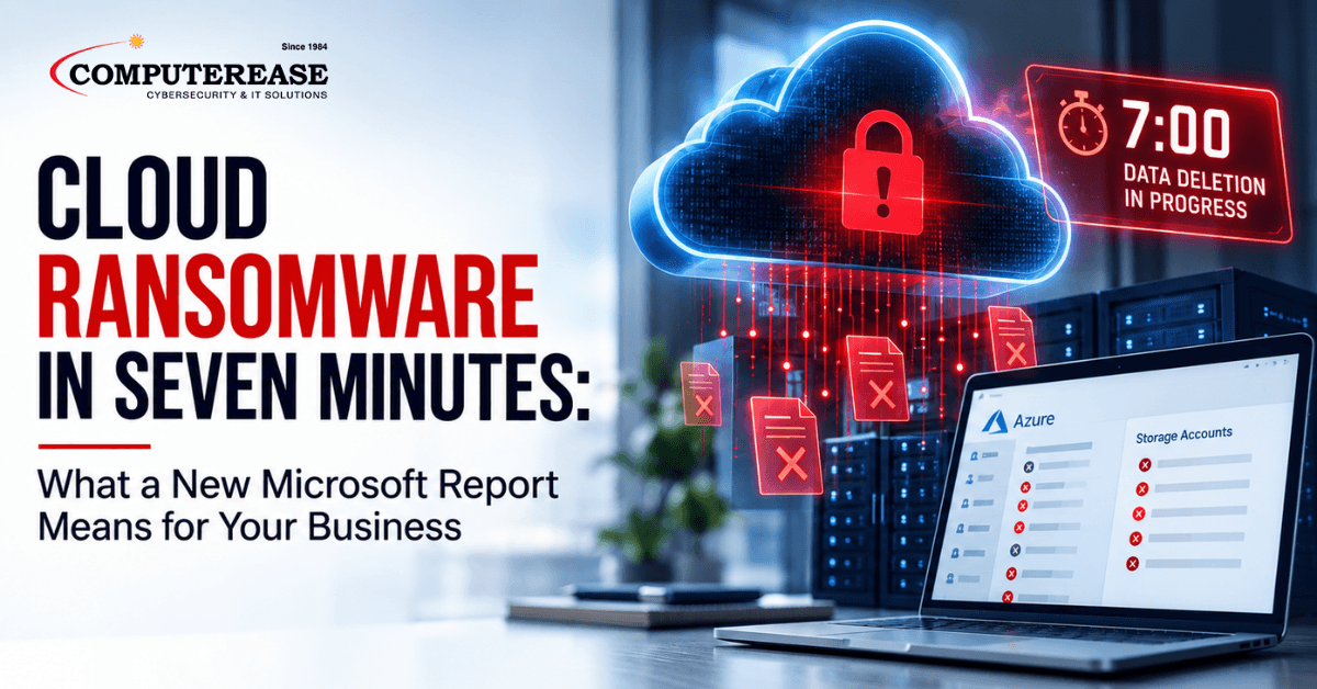 Cloud ransomware attack showing a locked cloud environment, seven-minute data deletion alert, Azure storage accounts, and deleted files.