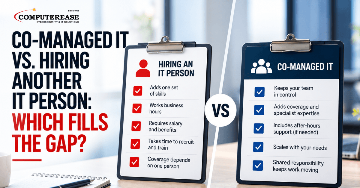 Co-managed IT vs. hiring another IT person comparison checklist showing differences in skills, costs, after-hours coverage, specialist expertise, and team accountability.