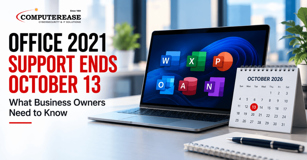 Office 2021 support ends October 13, 2026, with a laptop showing Microsoft Office apps and a calendar highlighting the deadline.